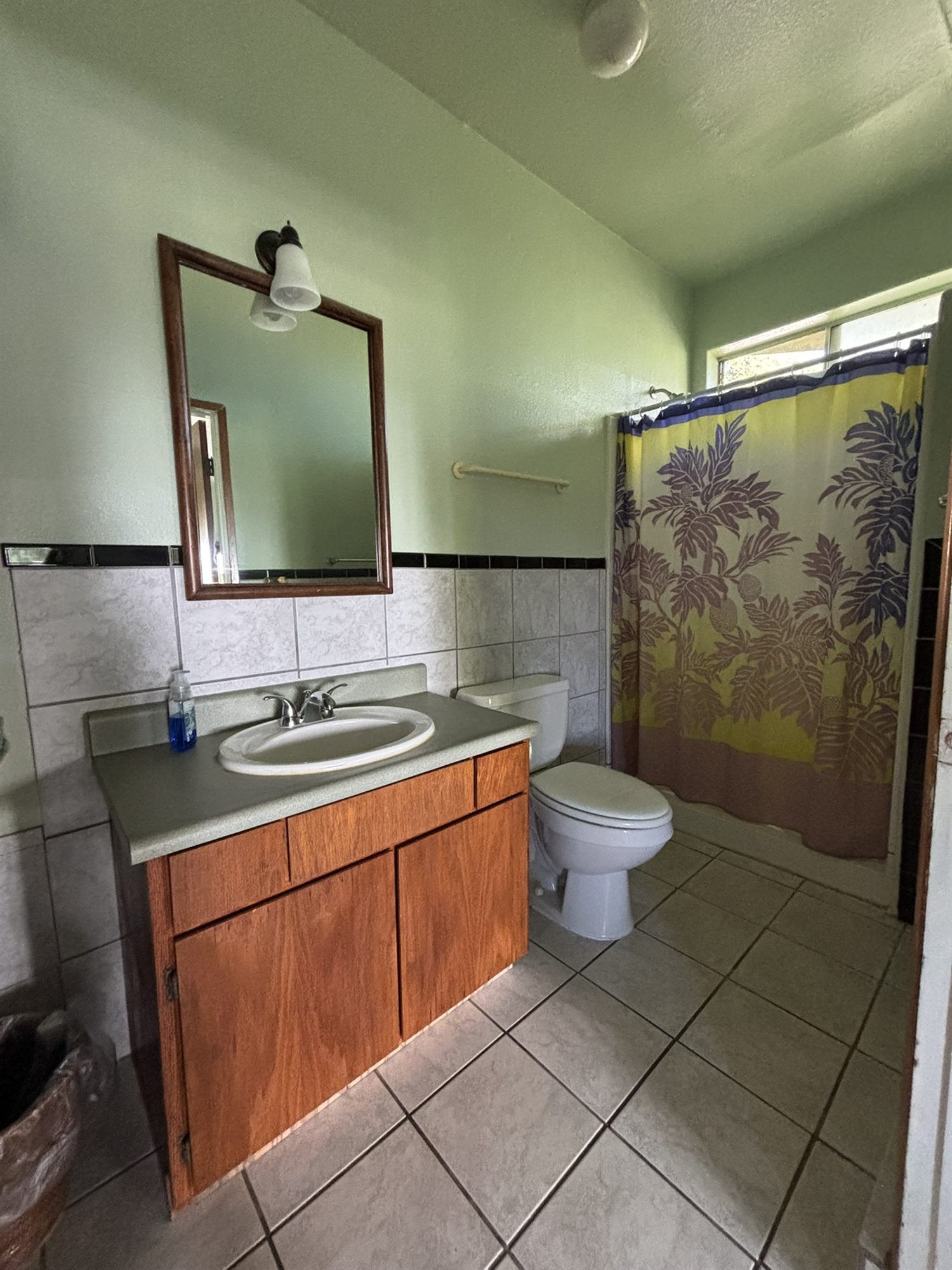 Private bathroom with vanity, mirror, and tropical shower curtain