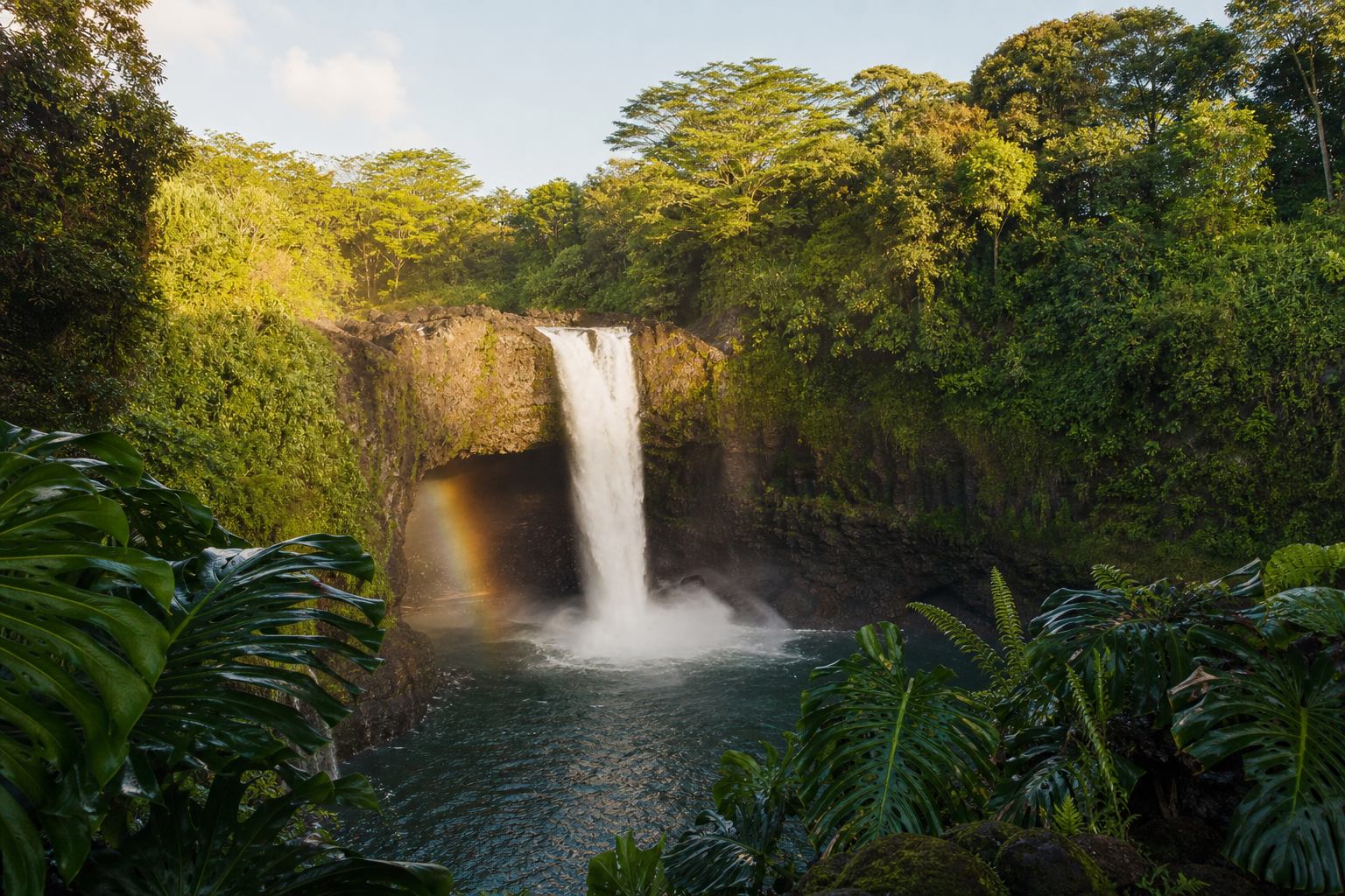 Rainbow Falls plunging into a green pool surrounded by rainforest